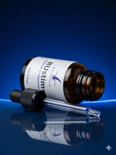 RUstim+ hair loss treatment bottle with glass dropper applicator - close-up product shot