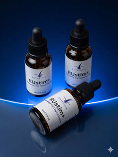 Three bottles of RUstim+ Advanced 4 in 1 Topical Hair Loss Formula on reflective blue surface