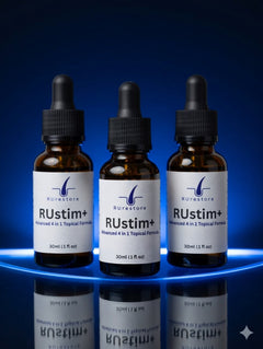RUstim+ 4 in 1 hair loss treatment - three 30ml bottles showing product label with RU58841 Minoxidil Caffeine and Peppermint Oil