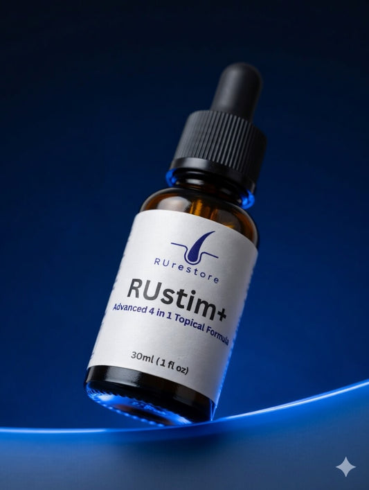 RUstim+ Advanced 4 in 1 Topical Hair Loss Formula 30ml bottle by RuRestore - RU58841 and Minoxidil treatment