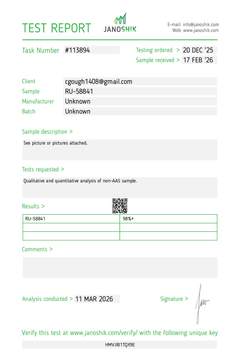 RU58841 third-party lab test report certificate from Janoshik confirming 98%+ purity analysis conducted March 2026